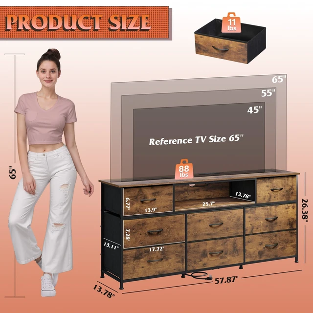 Alt view image 3 of 7 - LED Dresser TV Stand for 65 Inch TV, 8 Drawers, Rustic Brown | Fits TVs up to 65 inch, 8 fabric drawers, LED chest of drawers, Built-in power outlet, Living room or bedroom