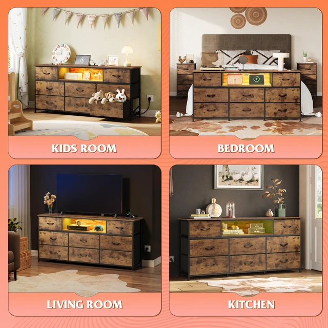 Alt view image 4 of 7 - LED Dresser TV Stand for 65 Inch TV, 8 Drawers, Rustic Brown | Fits TVs up to 65 inch, 8 fabric drawers, LED chest of drawers, Built-in power outlet, Living room or bedroom