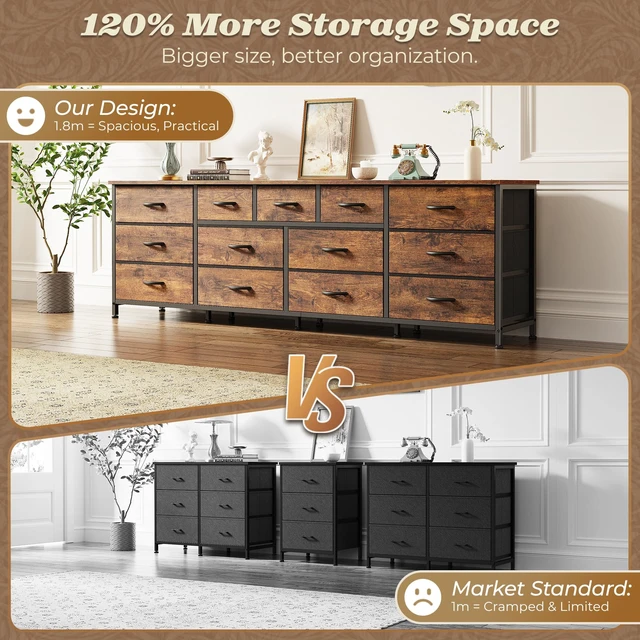 Alt view image 4 of 7 - 70 Inch Long Dresser for Bedroom, TV Stand for 65, 75, 80 Inch TV | 13 Large Fabric Drawer, Large Entertainment Center for Bedroom, Wide Chest of Drawer with Storage, Rustic Brown