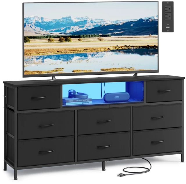 Main image of Dresser for Bedroom with Outlets & LED Lights, 8 Fabric Drawers | TV Stand for TVs Up to 65 Inches, Chest of Drawers with Steel Frame, Ink Black, BELLAH Collection ULGS434BH02S