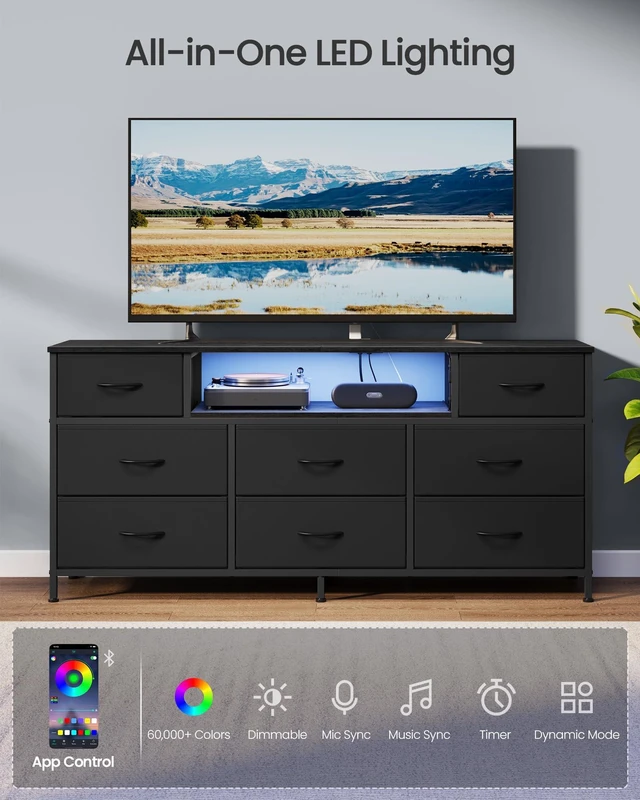 Alt view image 3 of 6 - Dresser for Bedroom with Outlets & LED Lights, 8 Fabric Drawers | TV Stand for TVs Up to 65 Inches, Chest of Drawers with Steel Frame, Ink Black, BELLAH Collection ULGS434BH02S