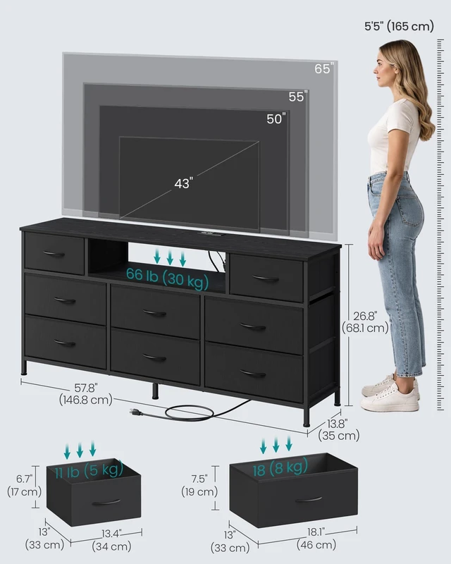Alt view image 5 of 6 - Dresser for Bedroom with Outlets & LED Lights, 8 Fabric Drawers | TV Stand for TVs Up to 65 Inches, Chest of Drawers with Steel Frame, Ink Black, BELLAH Collection ULGS434BH02S