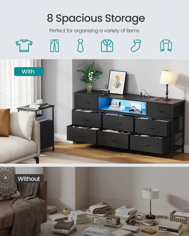 Alt view image 4 of 6 - Dresser for Bedroom with Outlets & LED Lights, 8 Fabric Drawers | TV Stand for TVs Up to 65 Inches, Chest of Drawers with Steel Frame, Ink Black, BELLAH Collection ULGS434BH02S
