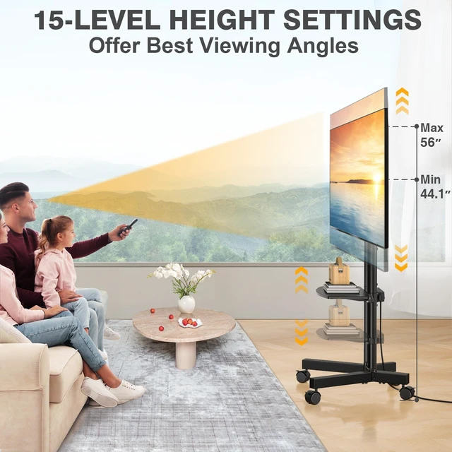 Alt view image 3 of 7 - Rolling TV Stand with Power Outlet for 32-75 Inch TVs up to 88 lbs | Portable TV Stand on Wheels and Height Adjustment, Outdoor TV Stand with Shelf for Bedroom, Office, Max VESA 400x400mm