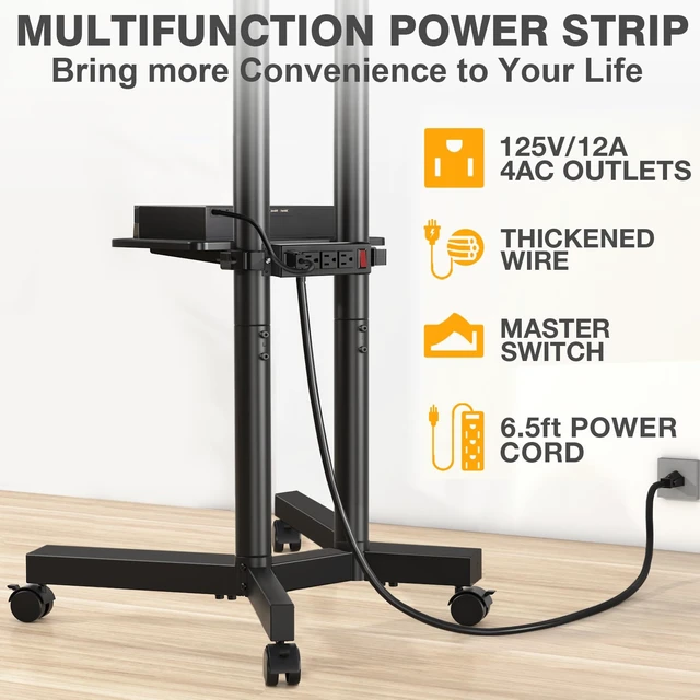 Alt view image 2 of 7 - Rolling TV Stand with Power Outlet for 32-75 Inch TVs up to 88 lbs | Portable TV Stand on Wheels and Height Adjustment, Outdoor TV Stand with Shelf for Bedroom, Office, Max VESA 400x400mm