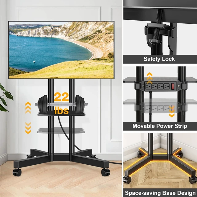 Alt view image 5 of 7 - Rolling TV Stand with Power Outlet for 32-75 Inch TVs up to 88 lbs | Portable TV Stand on Wheels and Height Adjustment, Outdoor TV Stand with Shelf for Bedroom, Office, Max VESA 400x400mm