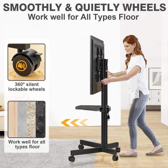 Alt view image 4 of 7 - Rolling TV Stand with Power Outlet for 32-75 Inch TVs up to 88 lbs | Portable TV Stand on Wheels and Height Adjustment, Outdoor TV Stand with Shelf for Bedroom, Office, Max VESA 400x400mm