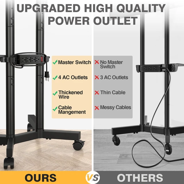 Alt view image 6 of 7 - Rolling TV Stand with Power Outlet for 32-75 Inch TVs up to 88 lbs | Portable TV Stand on Wheels and Height Adjustment, Outdoor TV Stand with Shelf for Bedroom, Office, Max VESA 400x400mm