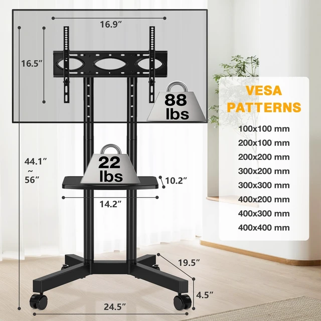 Alt view image 7 of 7 - Rolling TV Stand with Power Outlet for 32-75 Inch TVs up to 88 lbs | Portable TV Stand on Wheels and Height Adjustment, Outdoor TV Stand with Shelf for Bedroom, Office, Max VESA 400x400mm