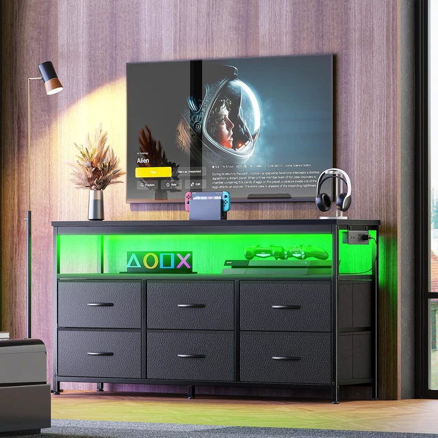 Main image of LED TV Stand for Bedroom, 47 Inch Dresser TV Stand for 43, 50, 55 Inch TV, Black TV Stand with Storage, Entertainment Center with Power Outlets, 6 Drawer Fabric Dresser for Living Room