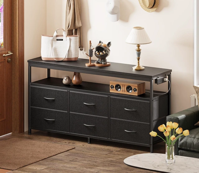 Alt view image 2 of 7 - LED TV Stand for Bedroom, 47 Inch Dresser TV Stand for 43, 50, 55 Inch TV, Black TV Stand with Storage, Entertainment Center with Power Outlets, 6 Drawer Fabric Dresser for Living Room