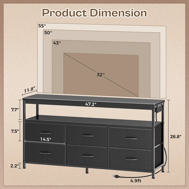 Alt view image 6 of 7 - LED TV Stand for Bedroom, 47 Inch Dresser TV Stand for 43, 50, 55 Inch TV, Black TV Stand with Storage, Entertainment Center with Power Outlets, 6 Drawer Fabric Dresser for Living Room