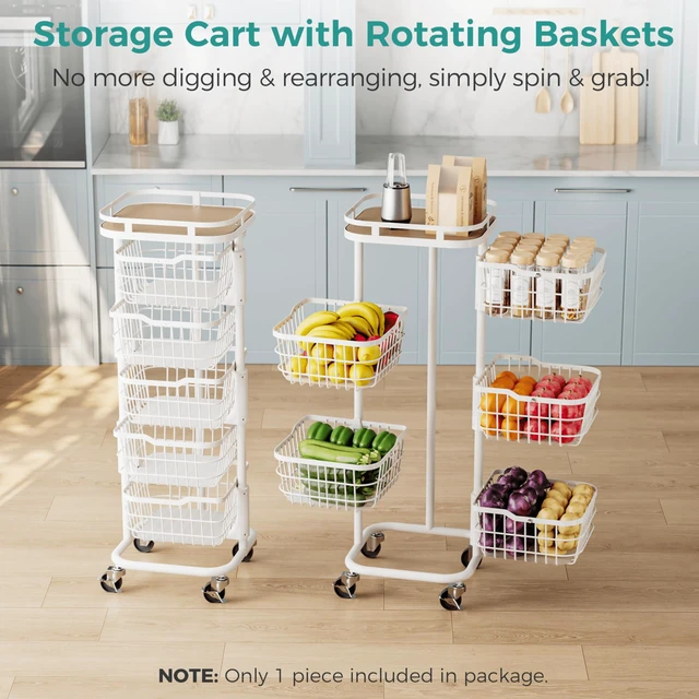 Alt view image 2 of 7 - 5 Tier Rotating Kitchen Storage Cart, Fruit Vegetable Potato Rack Stand | Patented Swivel Part Spin Smoothly Even Full. Rustproof. One-Piece Wire Bin Prevent Sagging. Keep Onion, Veggie, Spices Fresh