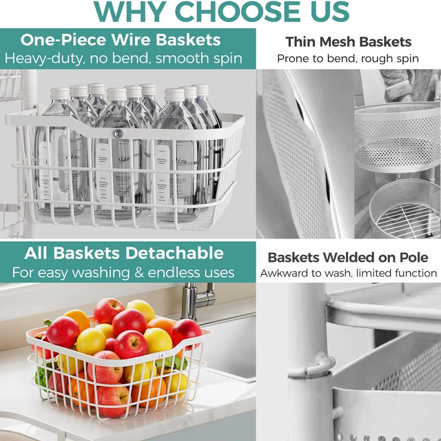 Alt view image 3 of 7 - 5 Tier Rotating Kitchen Storage Cart, Fruit Vegetable Potato Rack Stand | Patented Swivel Part Spin Smoothly Even Full. Rustproof. One-Piece Wire Bin Prevent Sagging. Keep Onion, Veggie, Spices Fresh