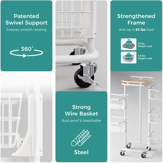 Alt view image 6 of 7 - 5 Tier Rotating Kitchen Storage Cart, Fruit Vegetable Potato Rack Stand | Patented Swivel Part Spin Smoothly Even Full. Rustproof. One-Piece Wire Bin Prevent Sagging. Keep Onion, Veggie, Spices Fresh