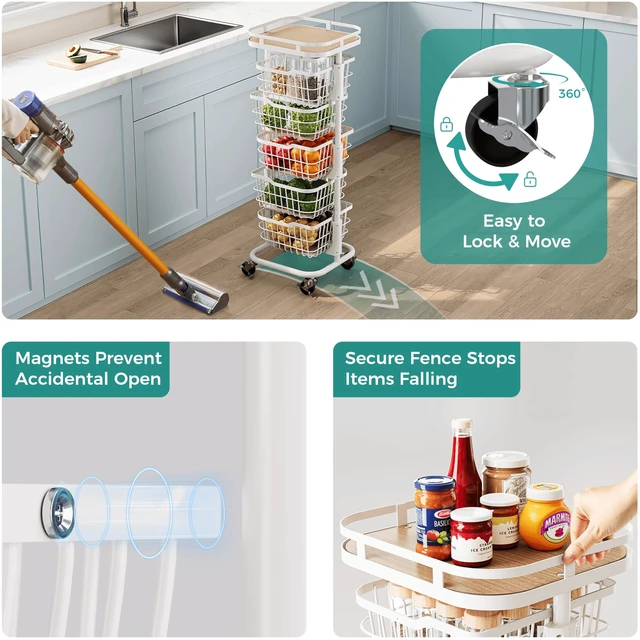 Alt view image 5 of 7 - 5 Tier Rotating Kitchen Storage Cart, Fruit Vegetable Potato Rack Stand | Patented Swivel Part Spin Smoothly Even Full. Rustproof. One-Piece Wire Bin Prevent Sagging. Keep Onion, Veggie, Spices Fresh