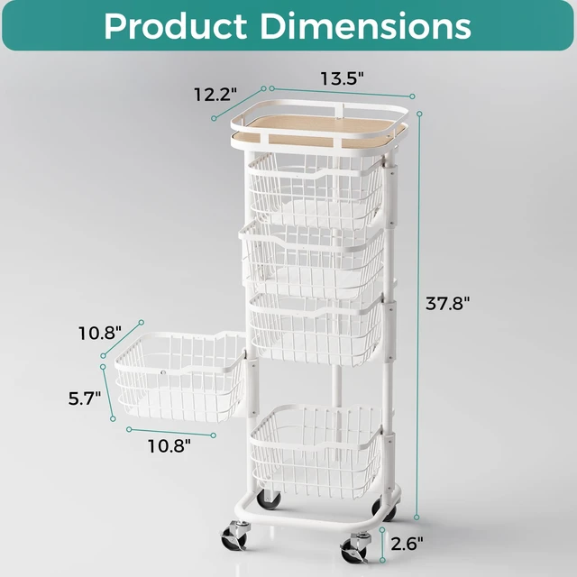 Alt view image 7 of 7 - 5 Tier Rotating Kitchen Storage Cart, Fruit Vegetable Potato Rack Stand | Patented Swivel Part Spin Smoothly Even Full. Rustproof. One-Piece Wire Bin Prevent Sagging. Keep Onion, Veggie, Spices Fresh