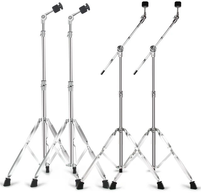 Main image of Straight Cymbal Stand + Boom Cymbal Stand Combo Set | 4 Pack Adjustable Drum Hardware Percussion Mount Holder Gear Set for Mounting Crash, Ride, Splash Cymbal, Double Braced Legs