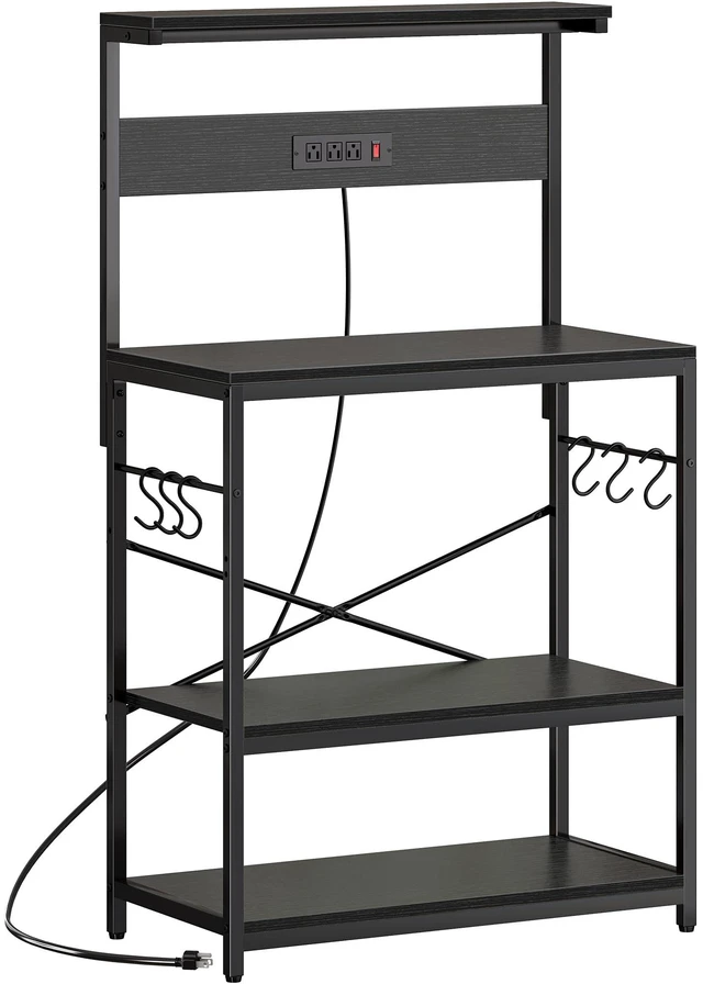 Main image of Bakers Rack with Power Outlets, Microwave Stand, 31.5 X 16.5 Inch Larger Desktop, Kitchen Storage Rack with Adjustable Middle Shelf, 6 S-Shaped Hooks, Coffee Bar Stand, Black