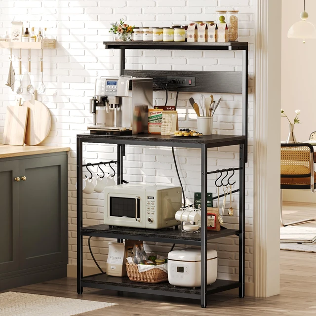 Alt view image 2 of 7 - Bakers Rack with Power Outlets, Microwave Stand, 31.5 X 16.5 Inch Larger Desktop, Kitchen Storage Rack with Adjustable Middle Shelf, 6 S-Shaped Hooks, Coffee Bar Stand, Black