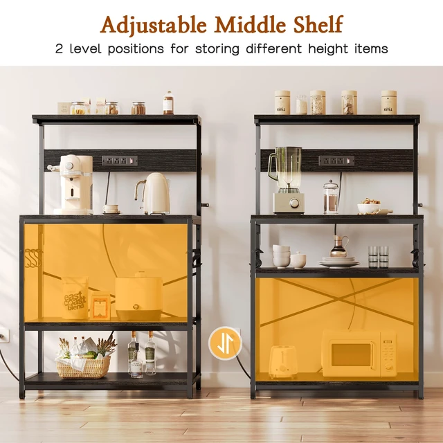 Alt view image 4 of 7 - Bakers Rack with Power Outlets, Microwave Stand, 31.5 X 16.5 Inch Larger Desktop, Kitchen Storage Rack with Adjustable Middle Shelf, 6 S-Shaped Hooks, Coffee Bar Stand, Black