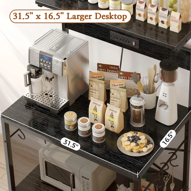 Alt view image 5 of 7 - Bakers Rack with Power Outlets, Microwave Stand, 31.5 X 16.5 Inch Larger Desktop, Kitchen Storage Rack with Adjustable Middle Shelf, 6 S-Shaped Hooks, Coffee Bar Stand, Black