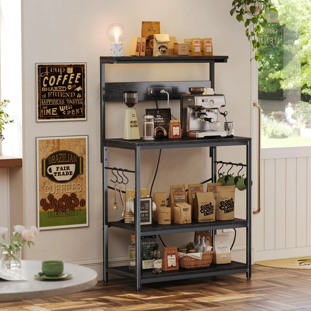 Alt view image 6 of 7 - Bakers Rack with Power Outlets, Microwave Stand, 31.5 X 16.5 Inch Larger Desktop, Kitchen Storage Rack with Adjustable Middle Shelf, 6 S-Shaped Hooks, Coffee Bar Stand, Black