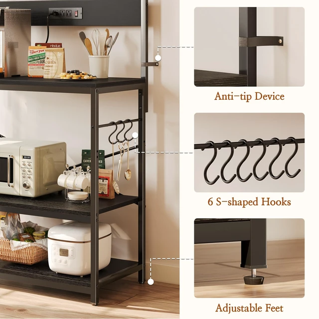 Alt view image 7 of 7 - Bakers Rack with Power Outlets, Microwave Stand, 31.5 X 16.5 Inch Larger Desktop, Kitchen Storage Rack with Adjustable Middle Shelf, 6 S-Shaped Hooks, Coffee Bar Stand, Black