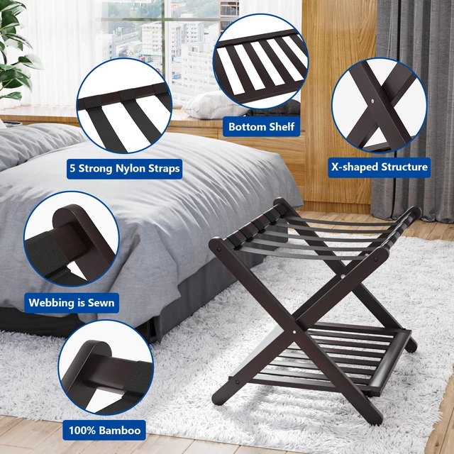 Alt view image 3 of 7 - Fully Assembled Brown Luggage Racks Pack of 2, Upgraded Bamboo Foldable Suitcase Stand with 5 Nylon Straps, Luggage Holder with Shelf for Guest Room Bedroom Hotel
