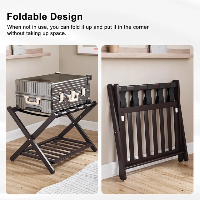 Alt view image 2 of 7 - Fully Assembled Brown Luggage Racks Pack of 2, Upgraded Bamboo Foldable Suitcase Stand with 5 Nylon Straps, Luggage Holder with Shelf for Guest Room Bedroom Hotel