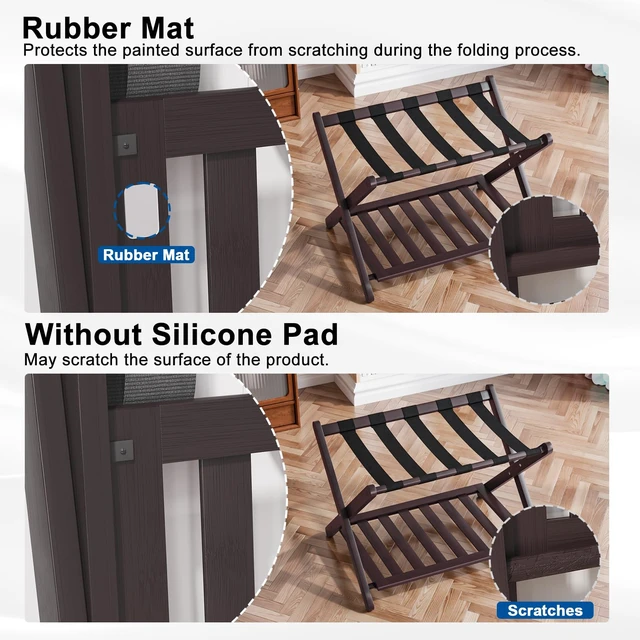 Alt view image 4 of 7 - Fully Assembled Brown Luggage Racks Pack of 2, Upgraded Bamboo Foldable Suitcase Stand with 5 Nylon Straps, Luggage Holder with Shelf for Guest Room Bedroom Hotel
