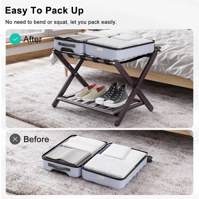 Alt view image 5 of 7 - Fully Assembled Brown Luggage Racks Pack of 2, Upgraded Bamboo Foldable Suitcase Stand with 5 Nylon Straps, Luggage Holder with Shelf for Guest Room Bedroom Hotel