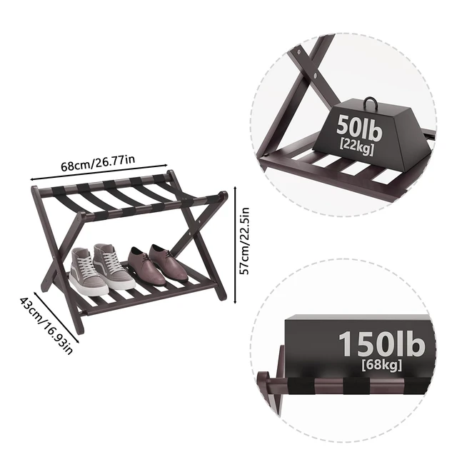 Alt view image 6 of 7 - Fully Assembled Brown Luggage Racks Pack of 2, Upgraded Bamboo Foldable Suitcase Stand with 5 Nylon Straps, Luggage Holder with Shelf for Guest Room Bedroom Hotel