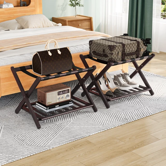 Alt view image 7 of 7 - Fully Assembled Brown Luggage Racks Pack of 2, Upgraded Bamboo Foldable Suitcase Stand with 5 Nylon Straps, Luggage Holder with Shelf for Guest Room Bedroom Hotel