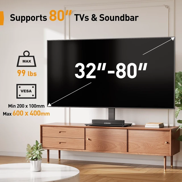 Alt view image 2 of 7 - Perlegear TV Stand Mount with Power Outlet for 32-80 inch TVs up to 99 lbs | -/+35° , 9-Level Height Adjustable, Tempered Glass Base, Max VESA 600x400mm, TV Base for Living Room & Bedroom, PGTVS31