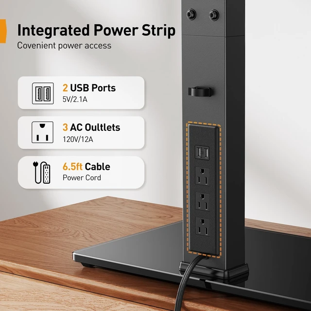 Alt view image 3 of 7 - Perlegear TV Stand Mount with Power Outlet for 32-80 inch TVs up to 99 lbs | -/+35° , 9-Level Height Adjustable, Tempered Glass Base, Max VESA 600x400mm, TV Base for Living Room & Bedroom, PGTVS31
