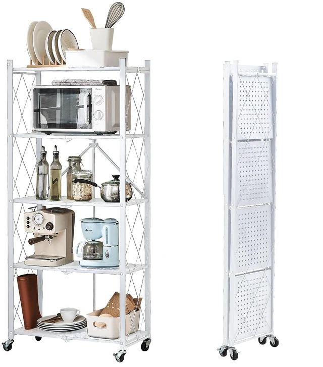 Main image of 5-Tier Foldable Storage Shelves with Wheels, Folding Metal Rack Shelving Unit, Heavy Duty No Assembly Organizer Shelf for Garage, Kitchen, Basement, Pantry, White