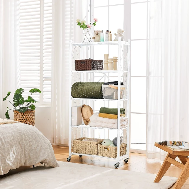 Alt view image 2 of 5 - 5-Tier Foldable Storage Shelves with Wheels, Folding Metal Rack Shelving Unit, Heavy Duty No Assembly Organizer Shelf for Garage, Kitchen, Basement, Pantry, White