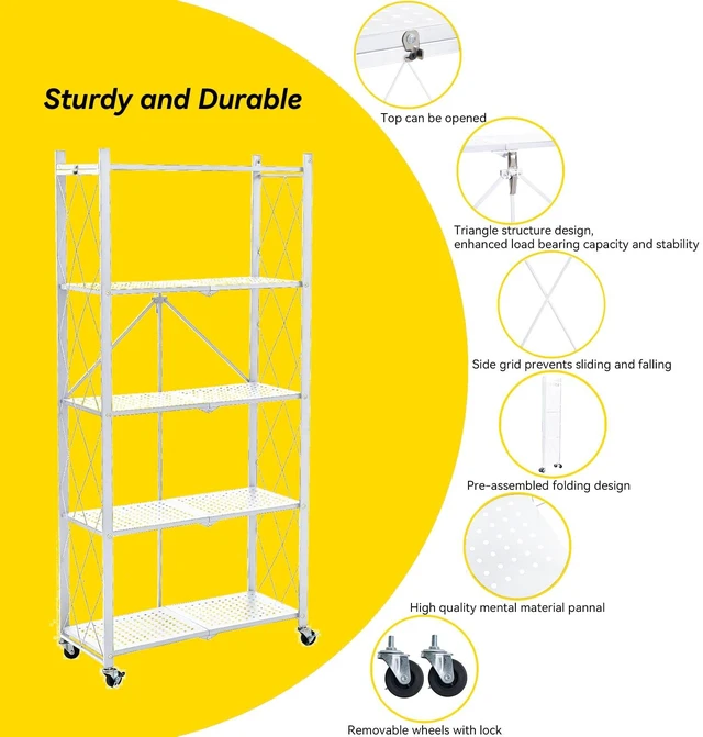 Alt view image 3 of 5 - 5-Tier Foldable Storage Shelves with Wheels, Folding Metal Rack Shelving Unit, Heavy Duty No Assembly Organizer Shelf for Garage, Kitchen, Basement, Pantry, White