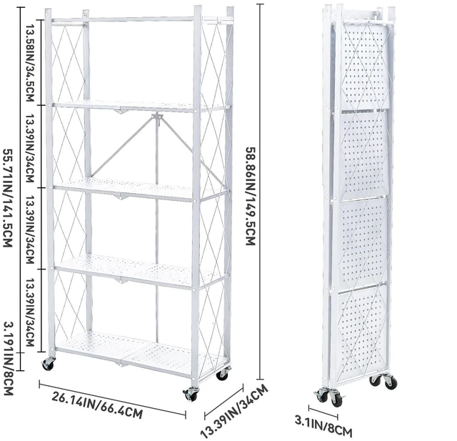 Alt view image 5 of 5 - 5-Tier Foldable Storage Shelves with Wheels, Folding Metal Rack Shelving Unit, Heavy Duty No Assembly Organizer Shelf for Garage, Kitchen, Basement, Pantry, White