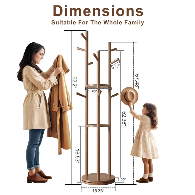 Alt view image 4 of 7 - Solid Wood Rotary Coat Rack, Freestanding Coat Rack with 3 Shelves and 9 Hooks, Coat tree for Bedroom, Entryway, Livingroom, Coat Hanger Stand for Coats, Scarves, Handbags (Walnut)