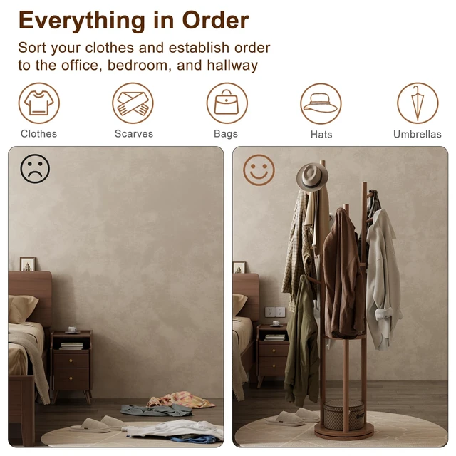 Alt view image 6 of 7 - Solid Wood Rotary Coat Rack, Freestanding Coat Rack with 3 Shelves and 9 Hooks, Coat tree for Bedroom, Entryway, Livingroom, Coat Hanger Stand for Coats, Scarves, Handbags (Walnut)