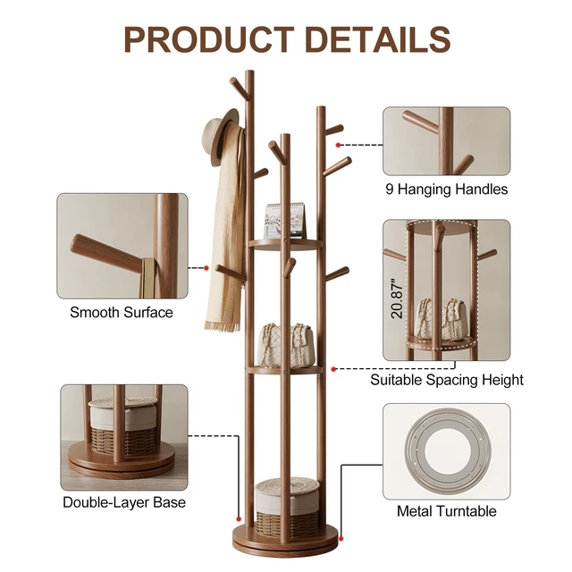 Alt view image 5 of 7 - Solid Wood Rotary Coat Rack, Freestanding Coat Rack with 3 Shelves and 9 Hooks, Coat tree for Bedroom, Entryway, Livingroom, Coat Hanger Stand for Coats, Scarves, Handbags (Walnut)