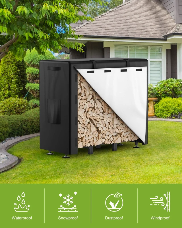 Alt view image 3 of 7 - Firewood Rack Outdoor with Cover, 4FT Indoor Wood Rack for Firewood | Waterproof Fire Wood Holder Outside, Adjustable Heavy Duty Logs Stand Stacker Holder for Fireplace Patio Deck, Black