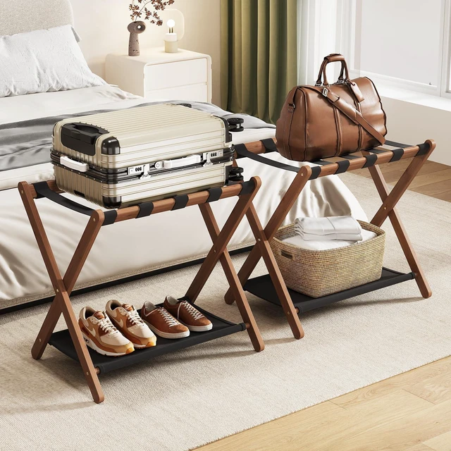 Main image of Fully Assembled Walnut Luggage Racks Set of 2, Bamboo 26.77" Luggage Rack Stand for Guest Room, 5 Nylon Straps, Foldable Suitcase Stand with Storage Shelf for Bedroom Hotel, Holds up to 165 Lbs