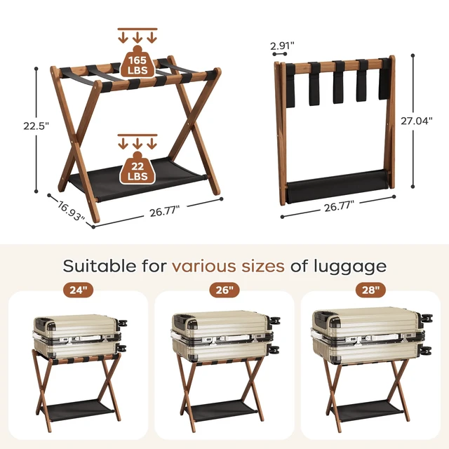 Alt view image 2 of 7 - Fully Assembled Walnut Luggage Racks Set of 2, Bamboo 26.77" Luggage Rack Stand for Guest Room, 5 Nylon Straps, Foldable Suitcase Stand with Storage Shelf for Bedroom Hotel, Holds up to 165 Lbs