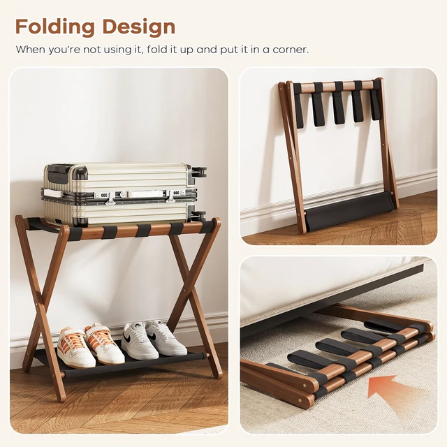 Alt view image 3 of 7 - Fully Assembled Walnut Luggage Racks Set of 2, Bamboo 26.77" Luggage Rack Stand for Guest Room, 5 Nylon Straps, Foldable Suitcase Stand with Storage Shelf for Bedroom Hotel, Holds up to 165 Lbs