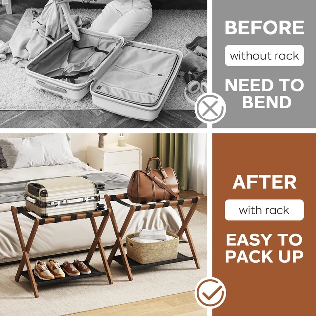 Alt view image 4 of 7 - Fully Assembled Walnut Luggage Racks Set of 2, Bamboo 26.77" Luggage Rack Stand for Guest Room, 5 Nylon Straps, Foldable Suitcase Stand with Storage Shelf for Bedroom Hotel, Holds up to 165 Lbs