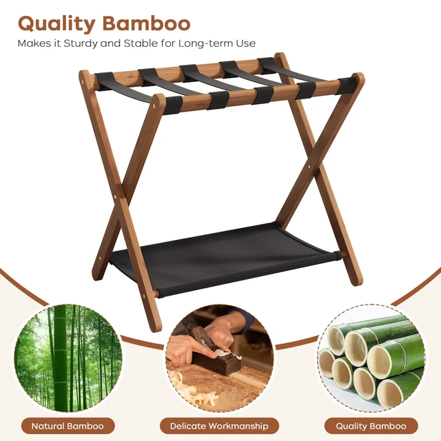 Alt view image 5 of 7 - Fully Assembled Walnut Luggage Racks Set of 2, Bamboo 26.77" Luggage Rack Stand for Guest Room, 5 Nylon Straps, Foldable Suitcase Stand with Storage Shelf for Bedroom Hotel, Holds up to 165 Lbs