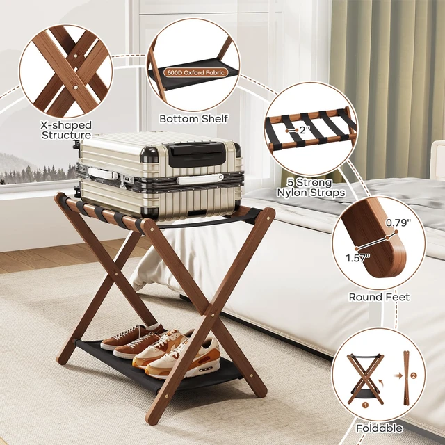 Alt view image 6 of 7 - Fully Assembled Walnut Luggage Racks Set of 2, Bamboo 26.77" Luggage Rack Stand for Guest Room, 5 Nylon Straps, Foldable Suitcase Stand with Storage Shelf for Bedroom Hotel, Holds up to 165 Lbs